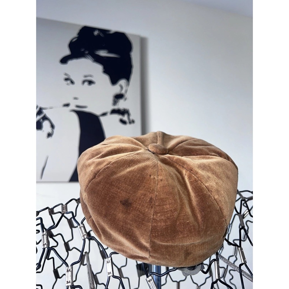 Vintage Brown Velvet Newsboy Cap Baker Boy‎ Hat Quilted Lining Slouchy Brown